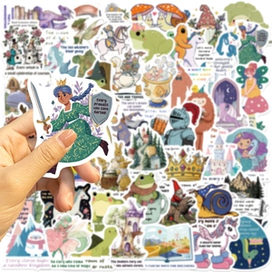 Close-up of waterproof cartoon stickers featuring hand-drawn fairy tale princess and unicorn