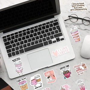 Set of 100 funny pink coffee cartoon stickers for DIY decorating laptops and luggage