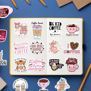 Detail showing coffee themed stickers on a notebook with various cute cup patterns