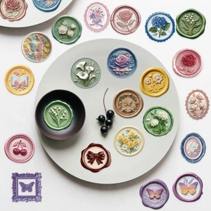 50pcs waterproof clear cartoon embossed wax seal stickers featuring floral and butterfly motifs
