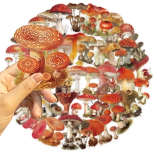 Detail showing vintage mushroom waterproof PET stickers for journaling and DIY decor