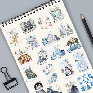 50pcs transparent winter watercolor stickers set with snowmen and cottages for DIY decor