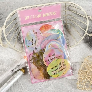 Detailed view of Soft Light Whispers stickers with watercolor aesthetic and quotes