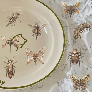 Lot d'autocollants insectes steampunk avec engrenages mécaniques et motifs dorés