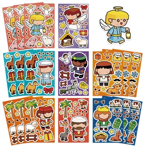 DIY cartoon angel block stickers showing diverse colorful Christmas nativity character decals