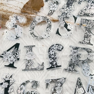 Macro detail of waterproof silver PET stickers with floral letters and numbers