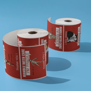 Macro shot of roll-packed red fragile warning stickers with humorous memes for shipping