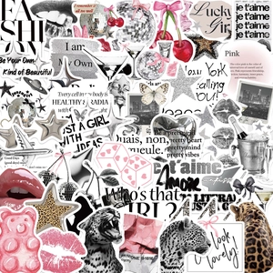 Detail of waterproof Y2K stickers featuring pink cherries, disco balls and lucky girl motifs