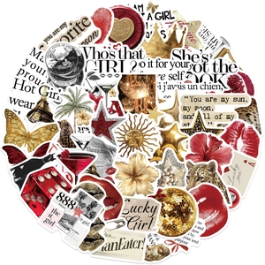Detail view of Silver Lucky Girl waterproof stickers featuring disco ball and red lip designs