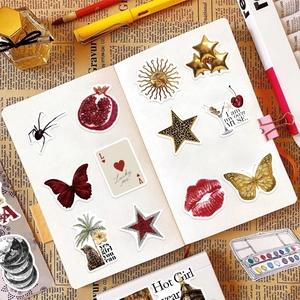 Close-up of Silver Lucky Girl waterproof stickers on notebook with vintage decoration