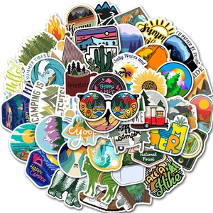 Set of 50 waterproof outdoor adventure and summer travel stickers for luggage and skateboards