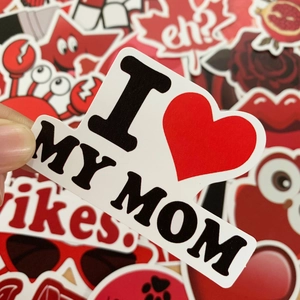 Detail shot of I Love My Mom waterproof sticker from red aesthetic stationery set