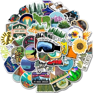 50pcs waterproof PVC outdoor adventure stickers with mountains, camping and forest themes