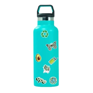 Green VSCO water bottle with eco-friendly stickers including planet and nature motifs
