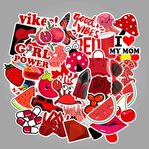 Set of 50 red waterproof stickers for luggage and laptops with fruit and fashion themes