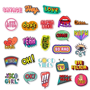 Flat lay showing 24 unique waterproof cartoon stickers with bright colors and trendy text