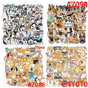 Detail view of 50-piece waterproof dog stickers featuring Husky, Corgi, and Shiba Inu