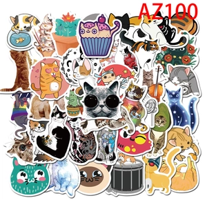 Close-up of waterproof cat stickers with various cute designs like astronauts and cupcakes