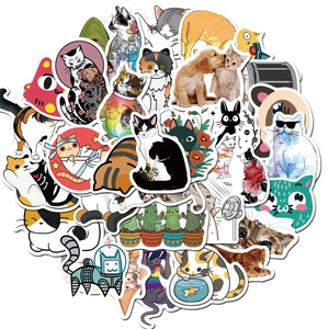 Collage of diverse waterproof cat stickers in artistic styles like Ukiyo-e and cartoon