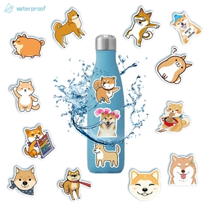 Waterproof cartoon Shiba Inu stickers on a thermos with splashing water droplets