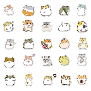 Detail showing 25 cute cartoon hamster stickers in various hand-drawn poses and expressions