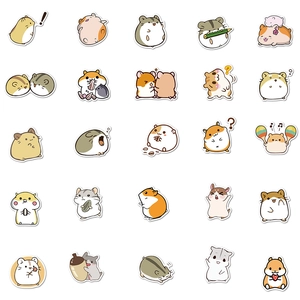 Flat lay collection of 25 cute cartoon hamster stickers with various poses and expressions