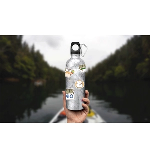 Silver sports water bottle with cute cartoon hamster stickers and climbing carabiner clip