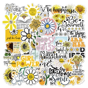Detail of sunflower and daisy graffiti stickers with motivational quotes like Girl Power