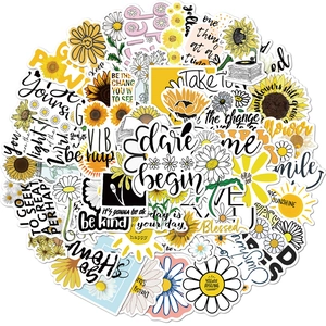 50 pack of yellow sunflower and daisy waterproof stickers with motivational English quotes