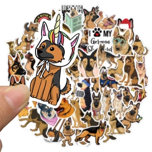 Detail of waterproof German Shepherd cartoon stickers for luggage and laptop decoration