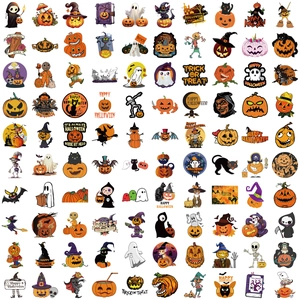 Detailed grid of 100 waterproof Halloween stickers featuring pumpkins and ghosts