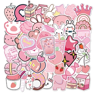 Lot de 50 autocollants de dessins animés roses avec des motifs mignons et sucrés