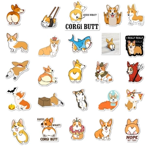 Detailed macro layout of 25 unique cartoon Corgi stickers with creative character costumes