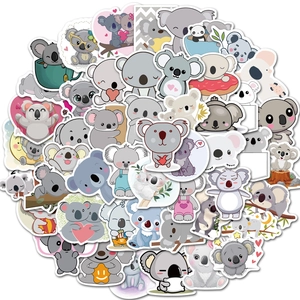 Close-up detail of 50pcs waterproof PVC cute koala stickers for luggage and skateboard