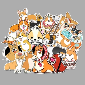 Detailed close-up of cute Corgi waterproof stickers with vibrant cartoon character designs