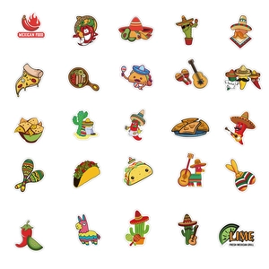 Vue à plat de stickers mexicains colorés et étanches avec tacos et cactus