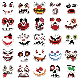 Set of 50 Halloween pumpkin face stickers featuring 25 unique spooky cartoon designs