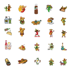 Vue détaillée de 25 autocollants mexicains imperméables avec tacos et cactus