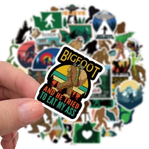 Bigfoot sticker with burger illustration on a retro background for suitcases and guitars