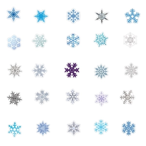Detailraster mit 25 einzigartigen Schneeflocken-Aufklebern in blauen und violetten Tönen