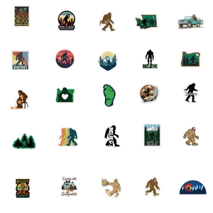 Detailed grid of 25 unique Bigfoot PVC waterproof stickers for luggage and gear
