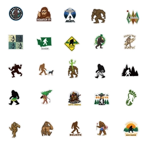 Detailed grid view of 25 unique waterproof vinyl Bigfoot stickers for outdoor gear decor