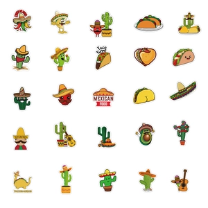Vue détaillée de 25 autocollants imperméables avec des motifs de cuisine mexicaine
