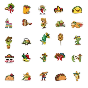 Lot de 25 autocollants mexicains imperméables avec des tacos et des sombreros