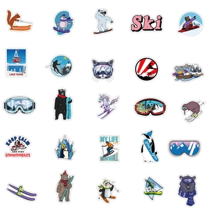 Detailed view of 25 waterproof PVC ski stickers featuring winter sports motifs and animals