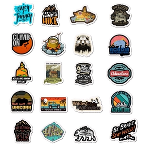 Detailed grid of 20 waterproof outdoor adventure stickers with retro mountain and forest designs