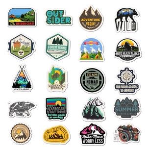 Set of 20 waterproof outdoor adventure stickers featuring mountains and camping icons