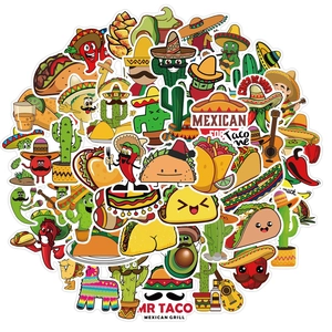 Détail d'autocollants mexicains imperméables avec tacos, cactus et motifs colorés