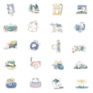 Detailed grid of 20 waterproof cartoon cat stickers in various daily life scenes