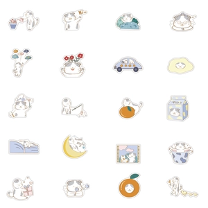 Detailed grid showing 20 cute waterproof cat stickers with various lifestyle scenes